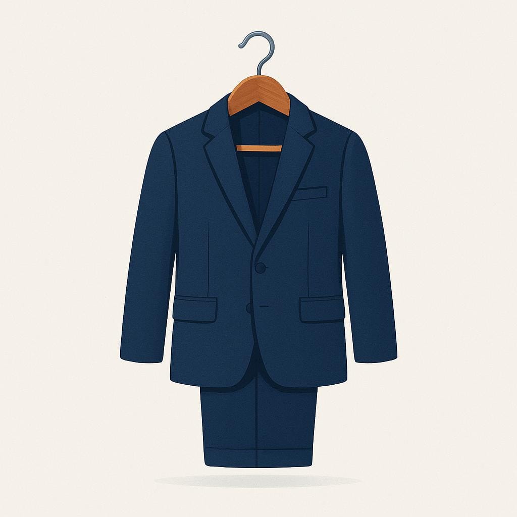 A neatly tailored dark blue formal suit, consisting of a jacket and matching trousers, displayed hanging on a wooden hanger.