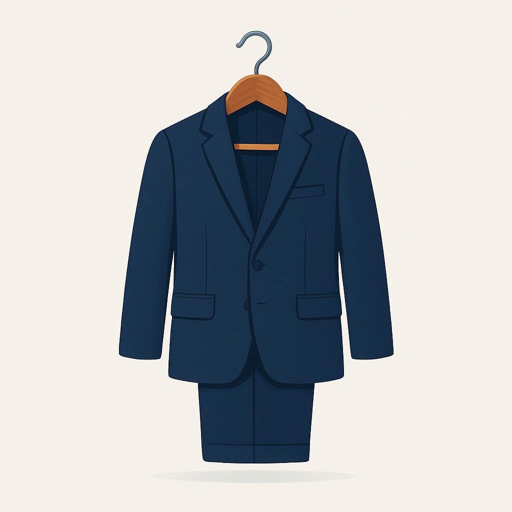 A neatly tailored dark blue formal suit, consisting of a jacket and matching trousers, displayed hanging on a wooden hanger.