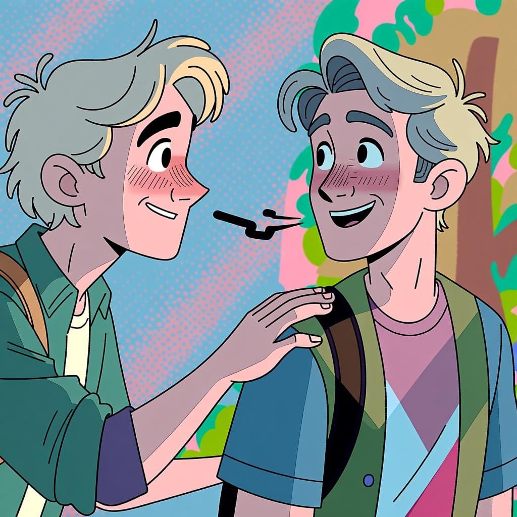 A person tapping a friend on the shoulder to get their attention before speaking.