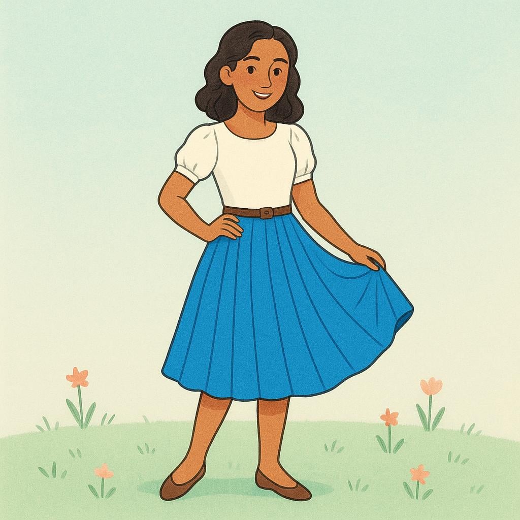 A cheerful young woman standing and modeling a bright blue pleated skirt.