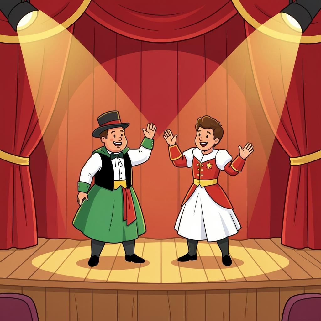 Actors on a stage with a red curtain, performing a play.