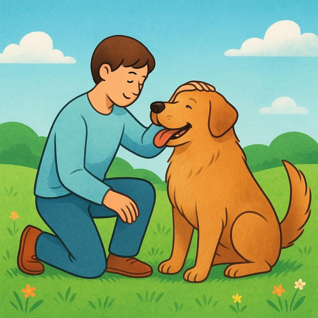 Een persoon die op de knieën zit en liefdevol het hoofd van een grote, blije hond in een groen veld aait.