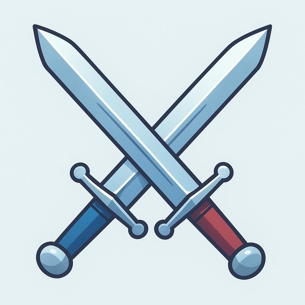 A pair of stylized, simple medieval swords crossed over each other, featuring silver blades and colorful hilts.