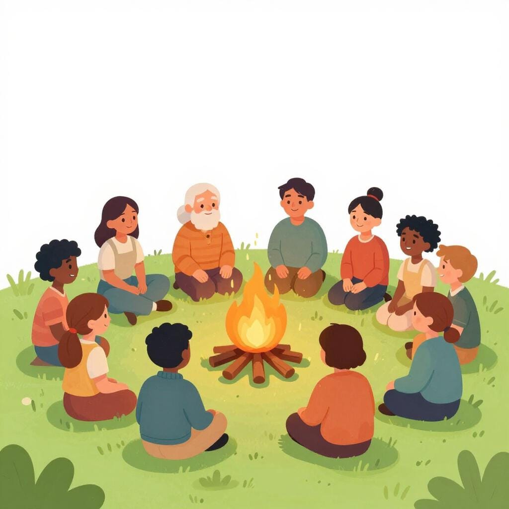 A diverse group of people from different families standing together in a circle around a small campfire.