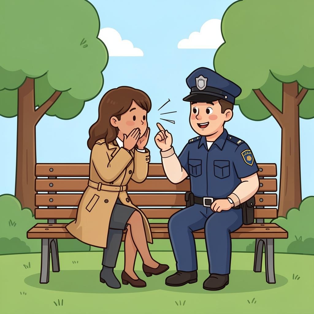 A person in a trench coat whispering into the ear of a uniformed officer in a quiet park.