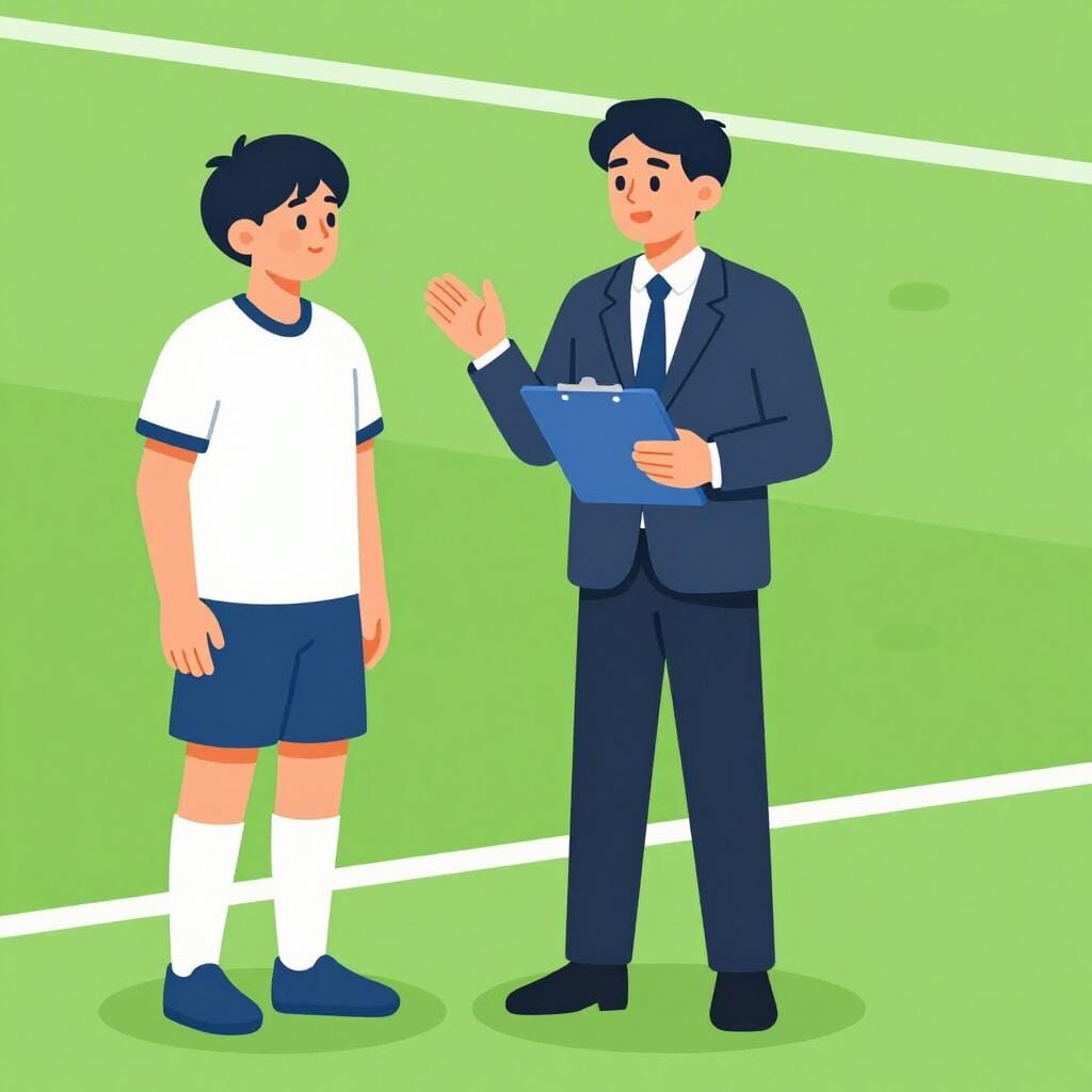 Um gerente de terno em pé ao lado de um atleta profissional em um campo, segurando uma prancheta e conversando.