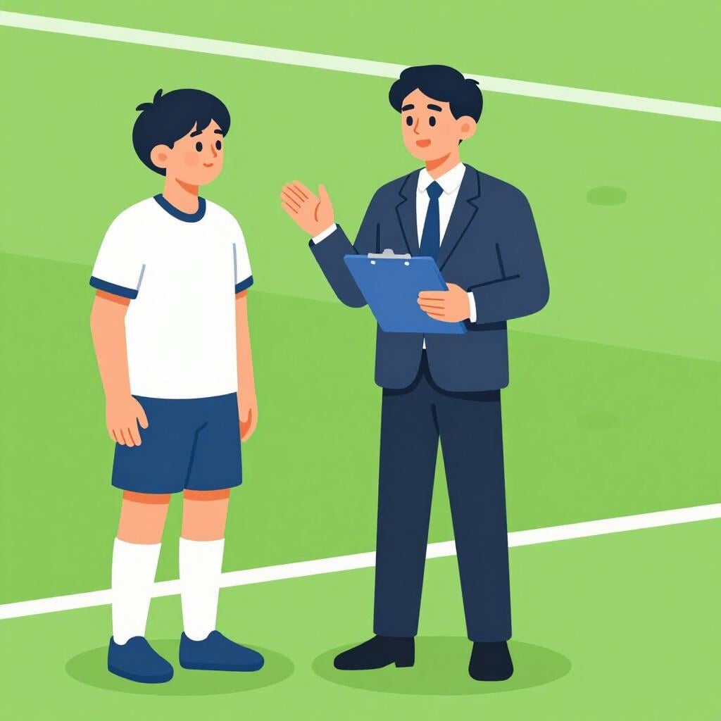 Un manager en costume debout à côté d'un athlète professionnel sur un terrain, tenant un presse-papiers et parlant.