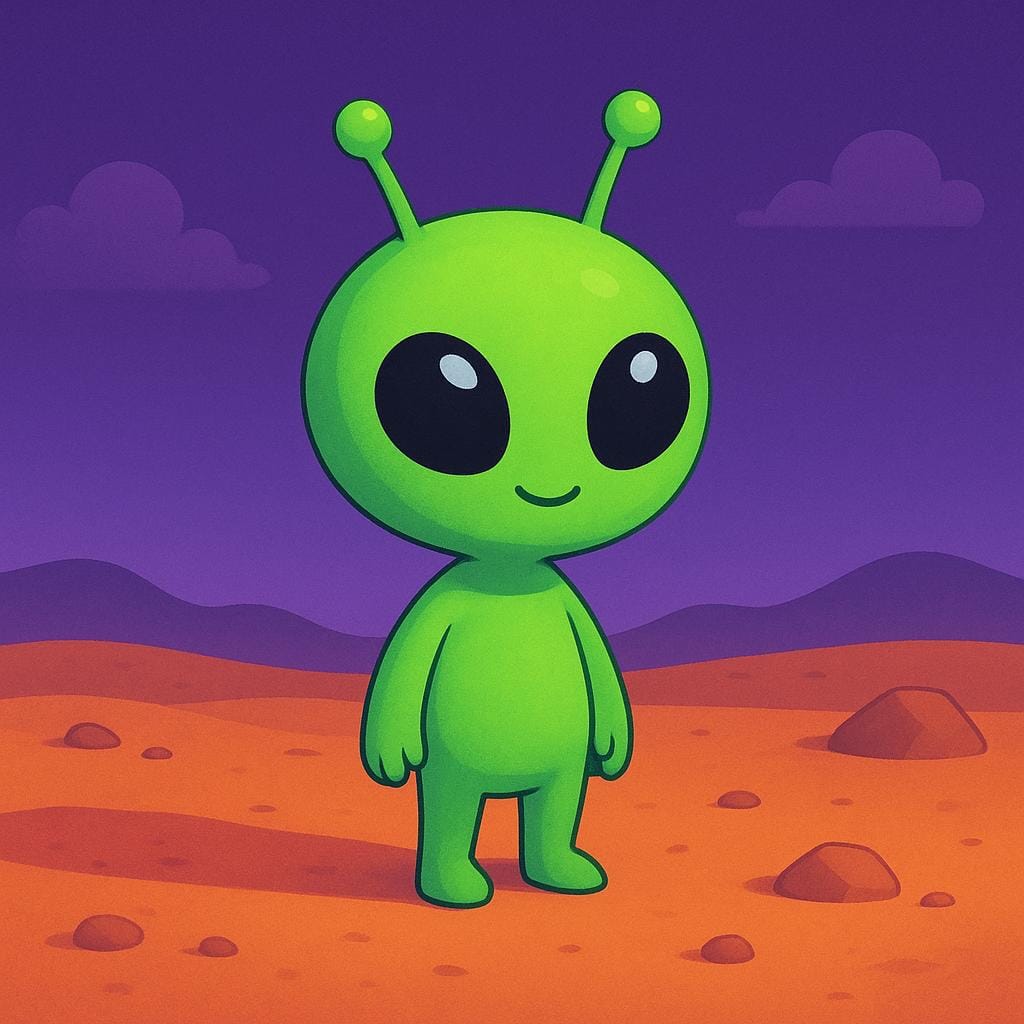 Uma criatura extraterrestre pequena e verde com olhos pretos grandes e membros finos em pé em um planeta rochoso e laranja sob um céu roxo estrelado.
