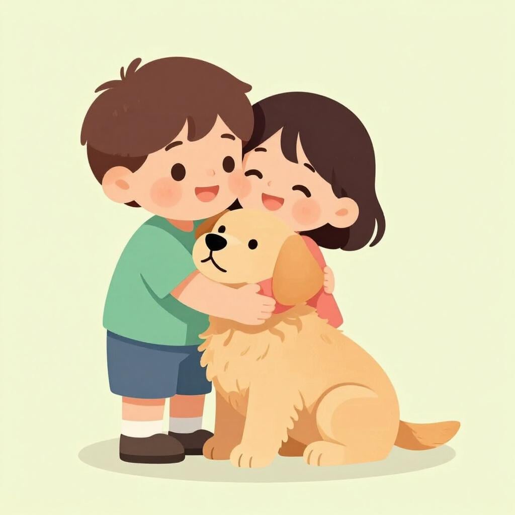 A child hugging a fluffy golden retriever puppy with a big smile.