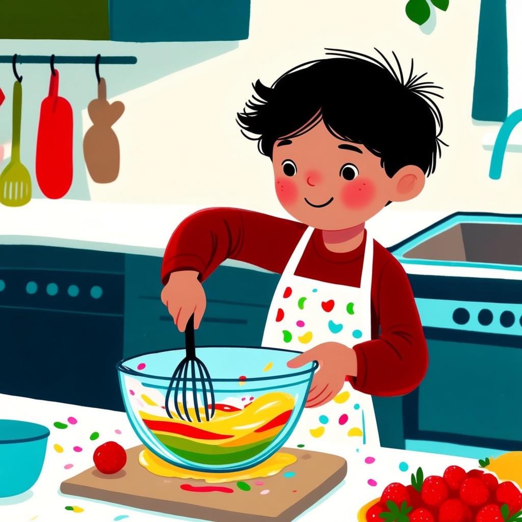 A person smiling while actively mixing colorful batter in a large bowl in a kitchen setting.