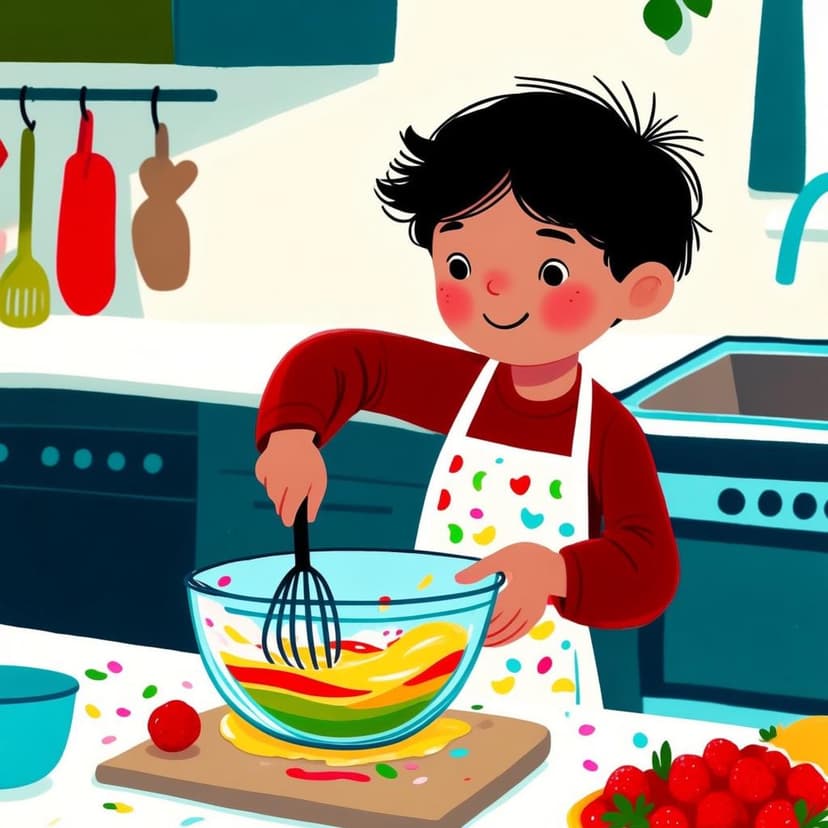 A person smiling while actively mixing colorful batter in a large bowl in a kitchen setting.