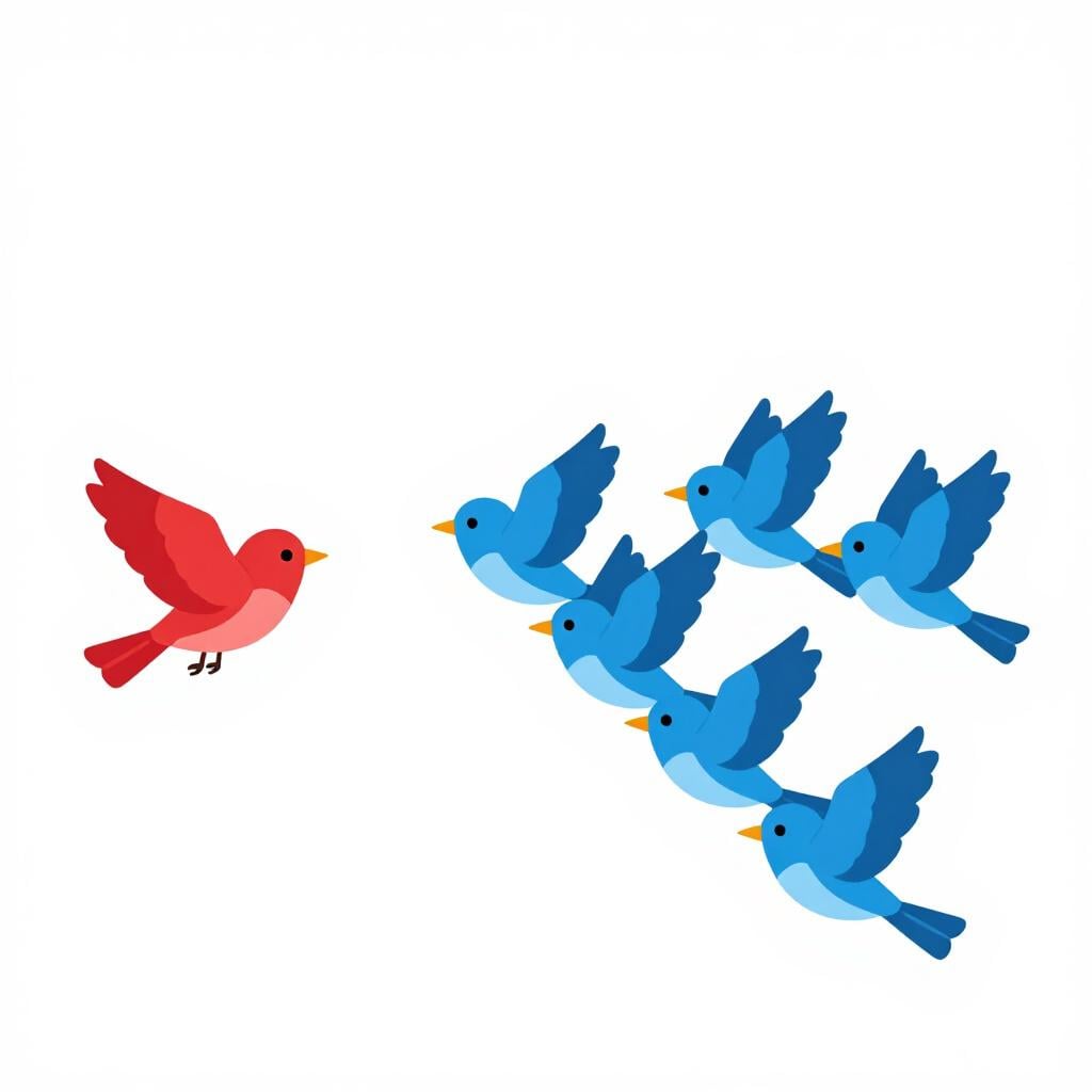 A row of blue birds flying to the right, with one red bird flying in the opposite direction.