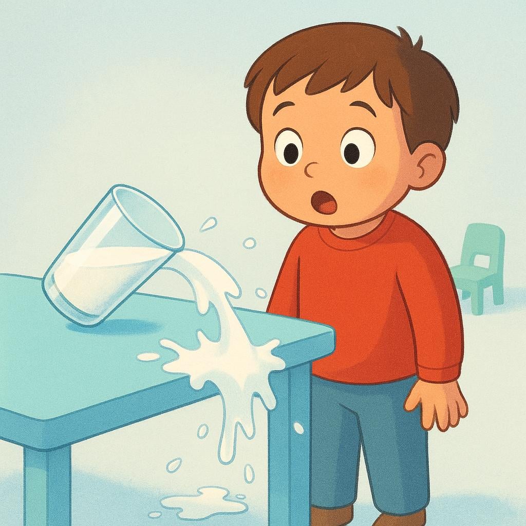 A surprised child watches as a glass of white milk tips over and begins to spill onto a wooden table, illustrating an unintentional mistake.