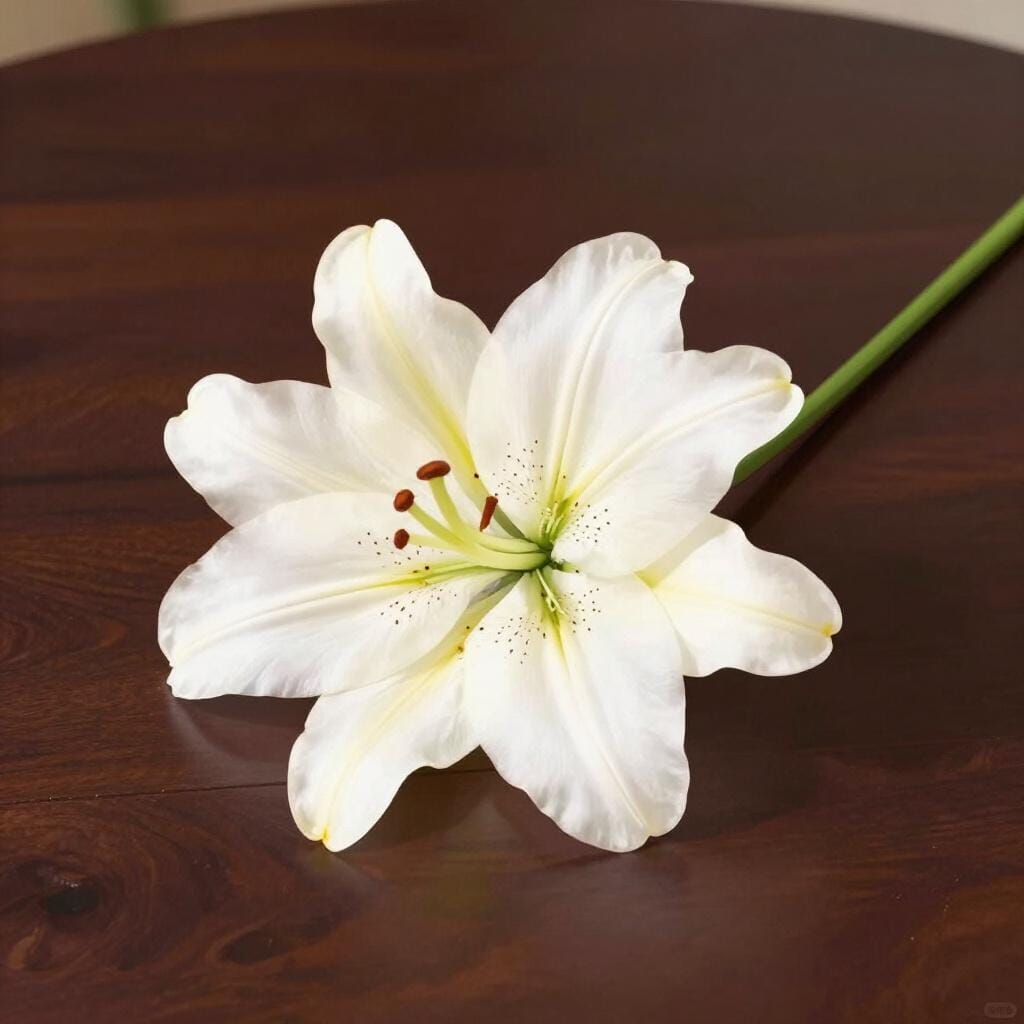 A single, peaceful white lily flower resting on a dark wooden surface.