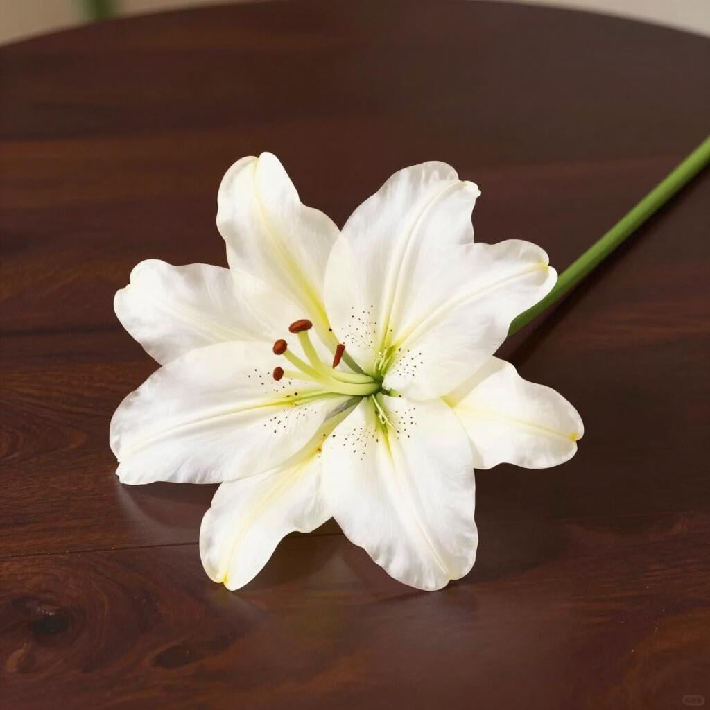 A single, peaceful white lily flower resting on a dark wooden surface.
