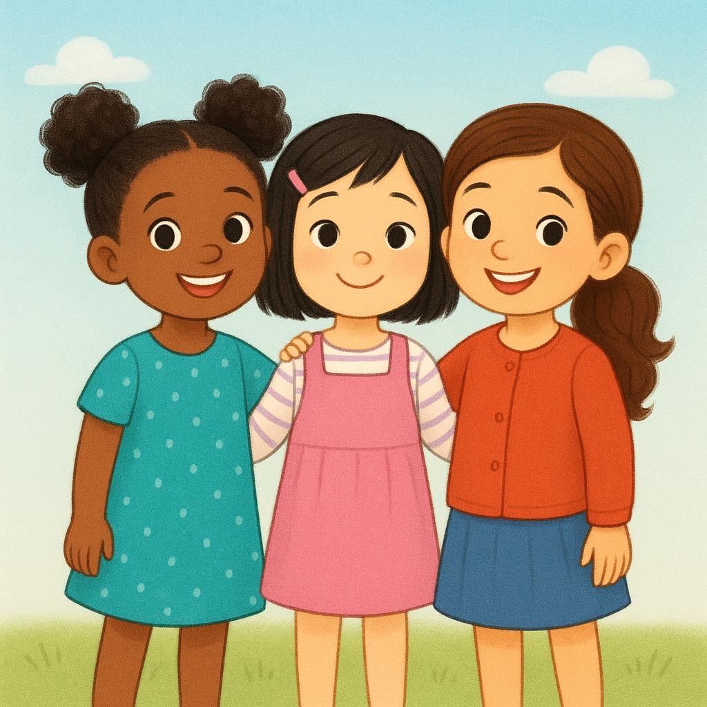 Three cheerful young girls standing side-by-side, looking forward and smiling, representing a female group using the pronoun 'we'.