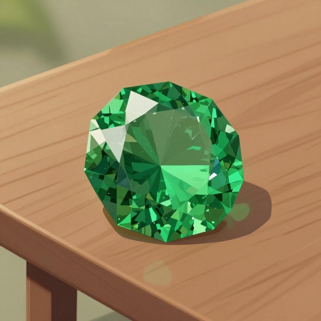 A sparkling green emerald gemstone sitting on a wooden table.