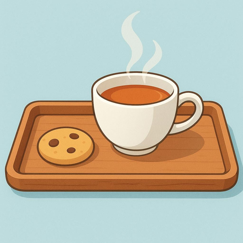 A simple wooden serving tray holding a white teacup filled with hot tea and a small cookie.
