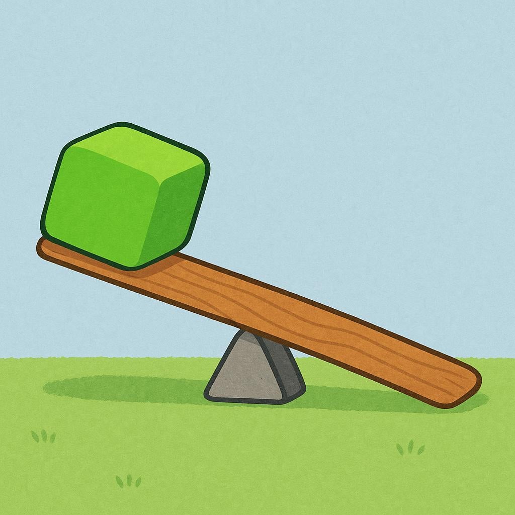 A simple illustration showing a brown wooden lever resting on a gray fulcrum successfully lifting a small bright green box.