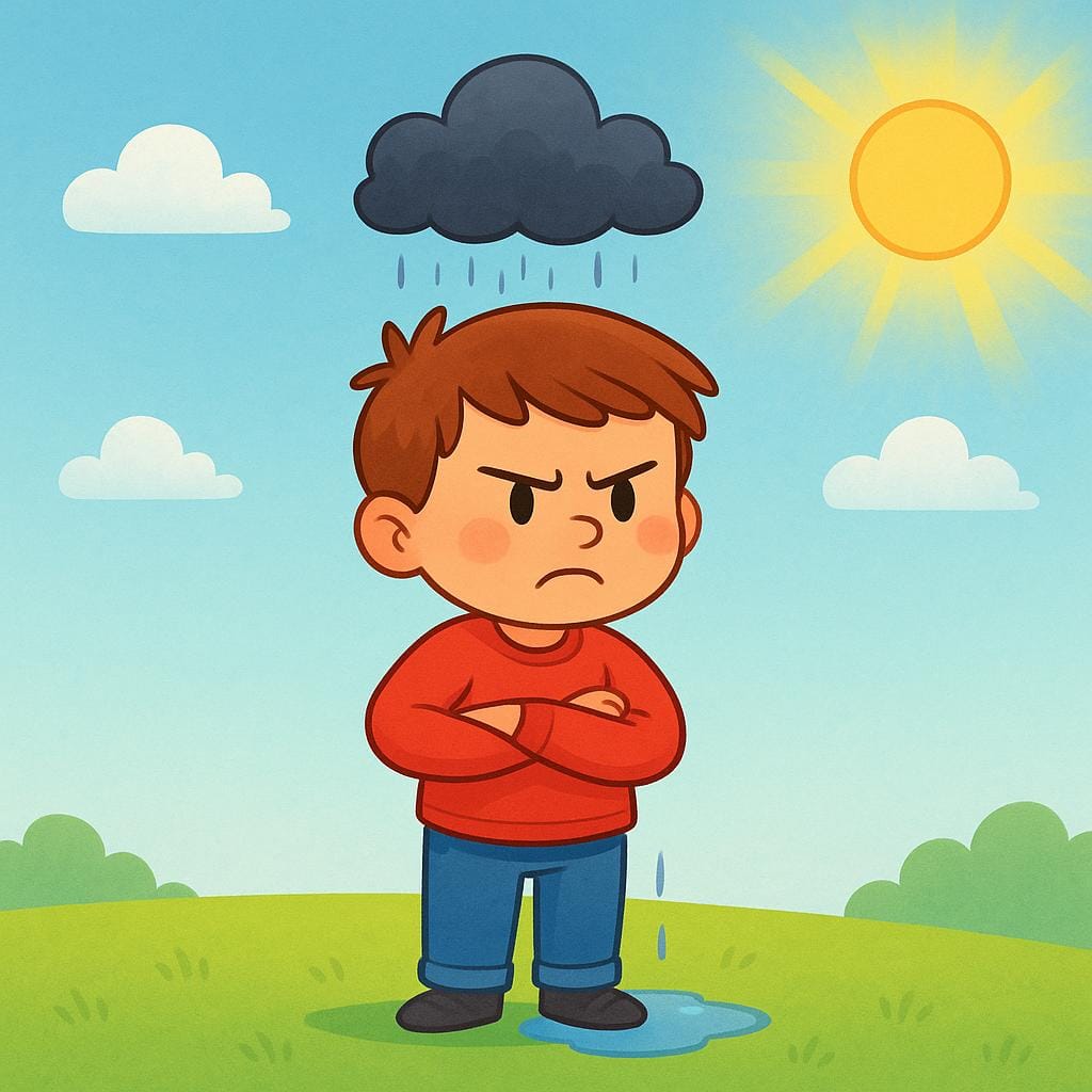 A cartoon character looking annoyed, standing directly under a small, isolated rain cloud that is pouring water only onto them, while the sun shines everywhere else.