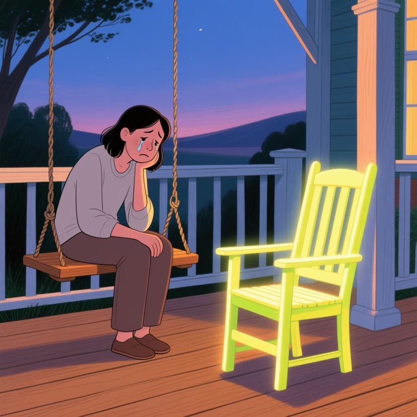 A solitary figure, a person sitting alone on a porch swing, looking wistfully at an empty chair across from them, conveying the feeling of missing someone.