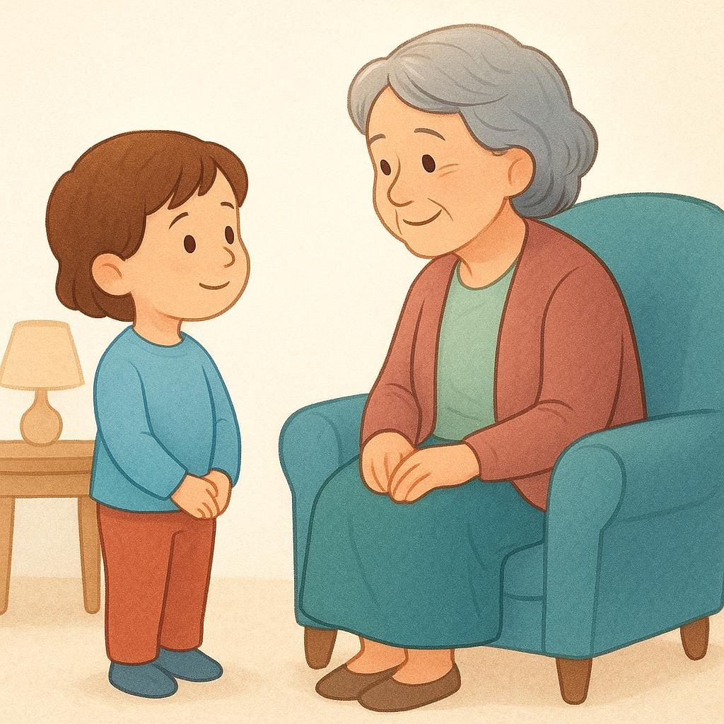 Uma criança pequena parada educadamente e respeitosamente em frente a um adulto mais velho que está sentado, simbolizando a criança pedindo permissão.