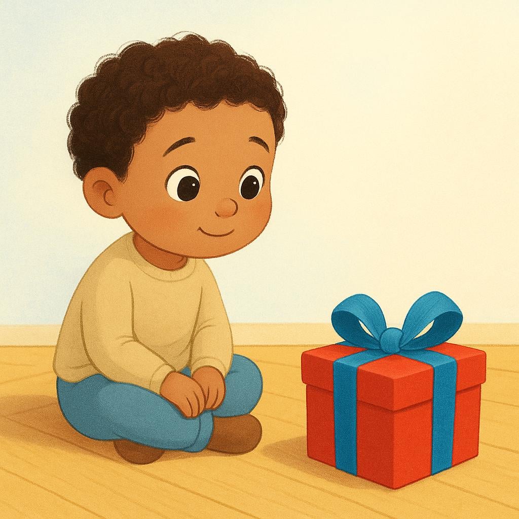A child sitting on the floor, looking longingly and hopefully at a brightly wrapped, colorful gift box placed a short distance away.