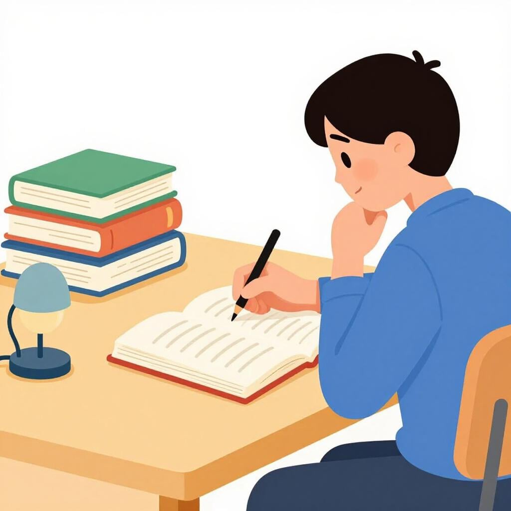 Eine Person sitzt an einem Holztisch und konzentriert sich auf das Schreiben in einem großen offenen Buch mit einem Füllfederhalter.