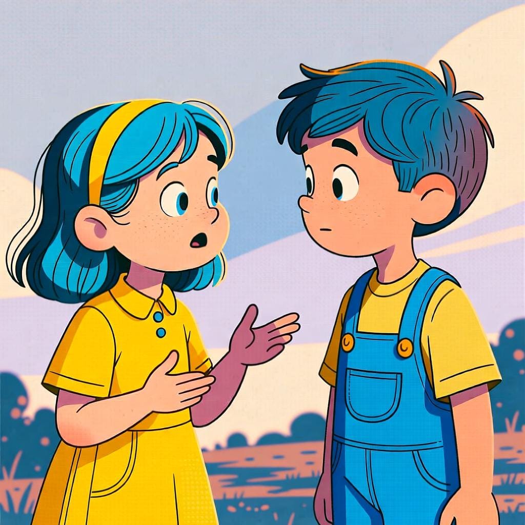 A colorful storybook illustration showing two friends communicating. A girl is actively speaking with an open mouth while a boy is focused on listening to her, symbolizing 'you said' or 'you told'.
