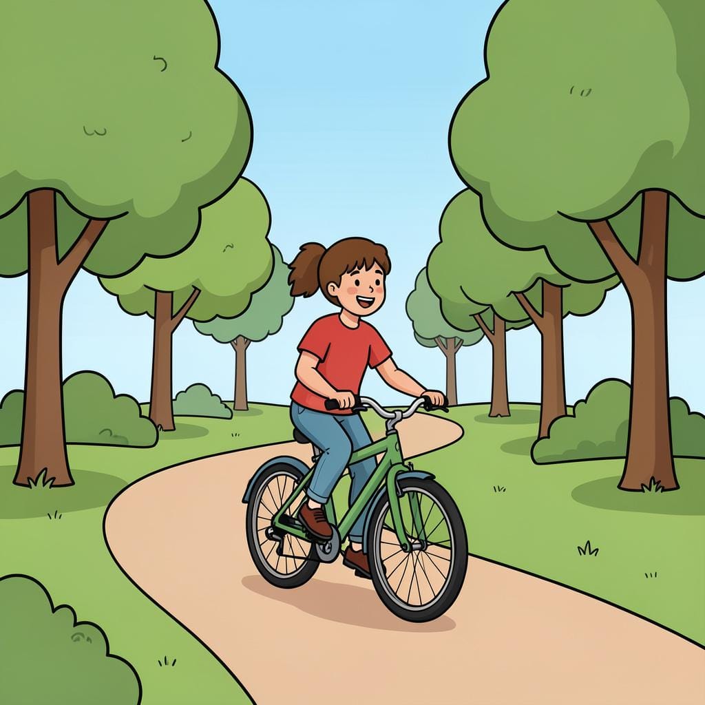 A person riding a bicycle through a green park path.