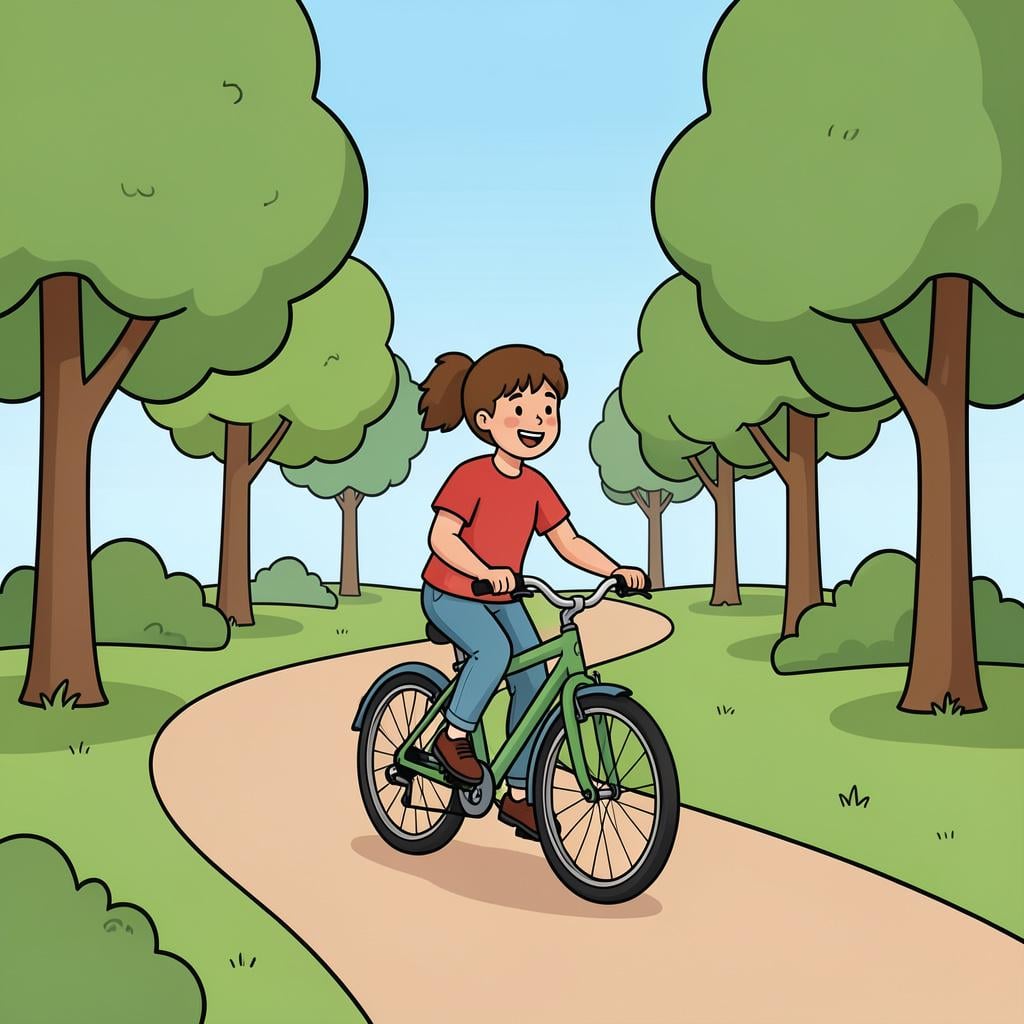 A person riding a bicycle through a green park path.