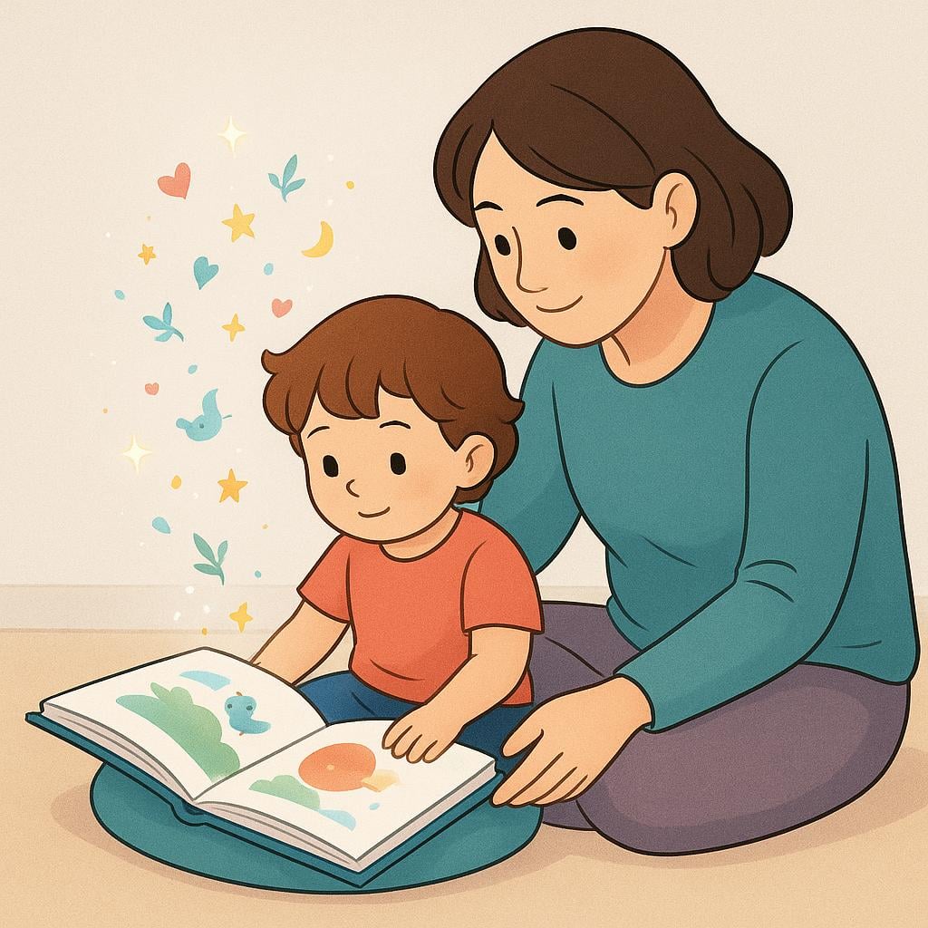 A small child listening intently to an adult reading from an open storybook, with imaginative elements like stars floating above the book.