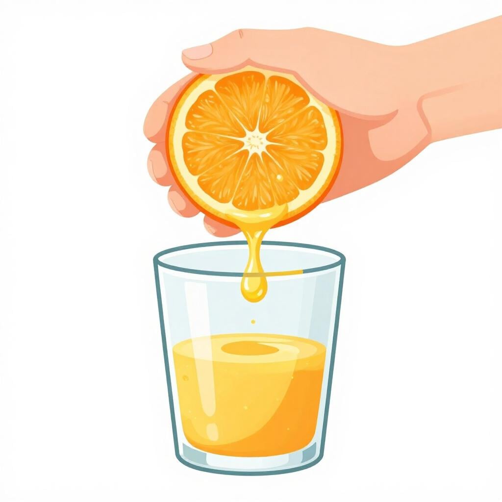 Eine Hand presst eine frische Orange aus, um Saft in ein Glas zu gewinnen.