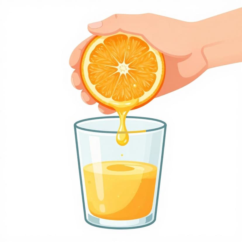 Eine Hand presst eine frische Orange aus, um Saft in ein Glas zu gewinnen.