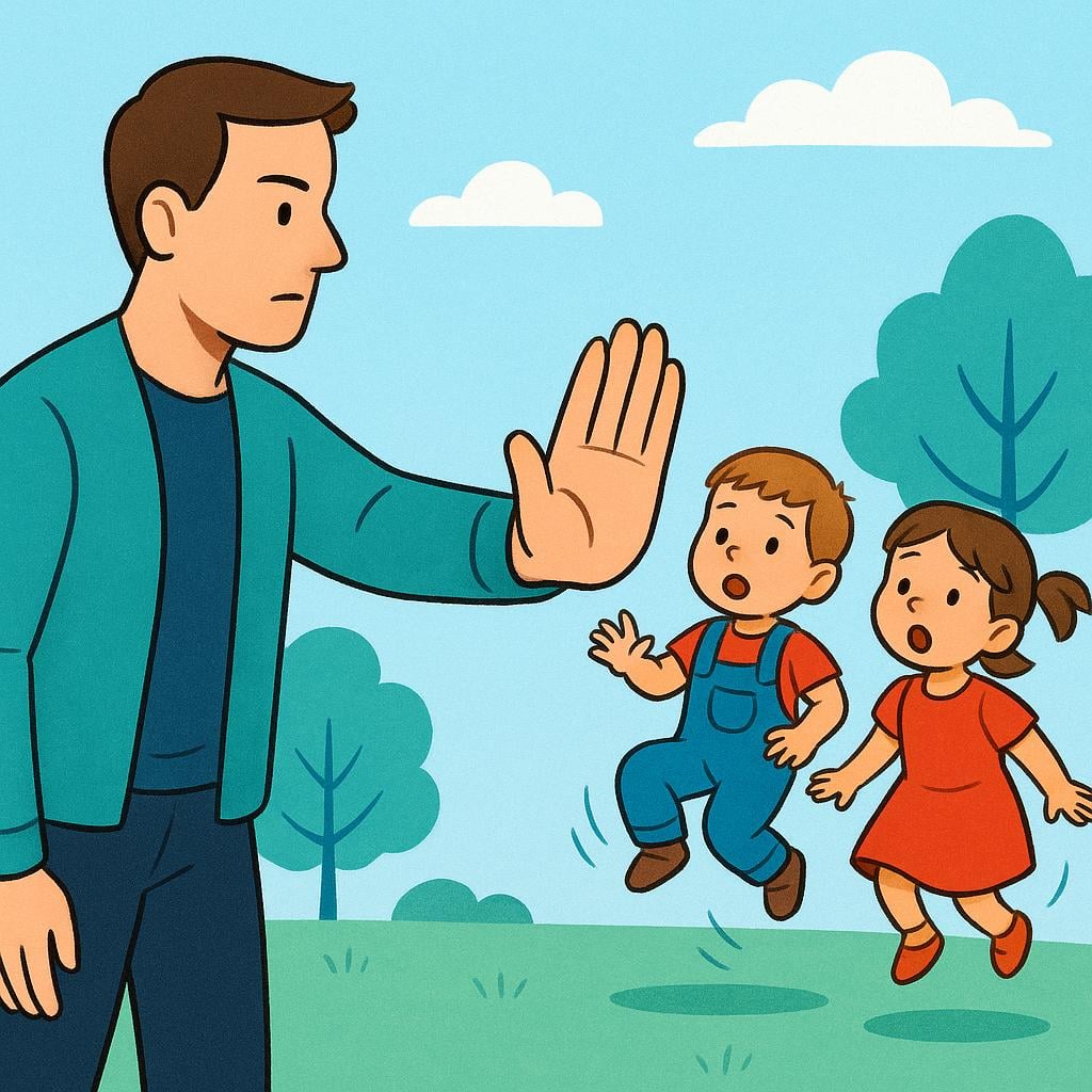An illustration showing an adult holding up a hand to signal 'stop' to two children who have immediately frozen in their playful tracks.