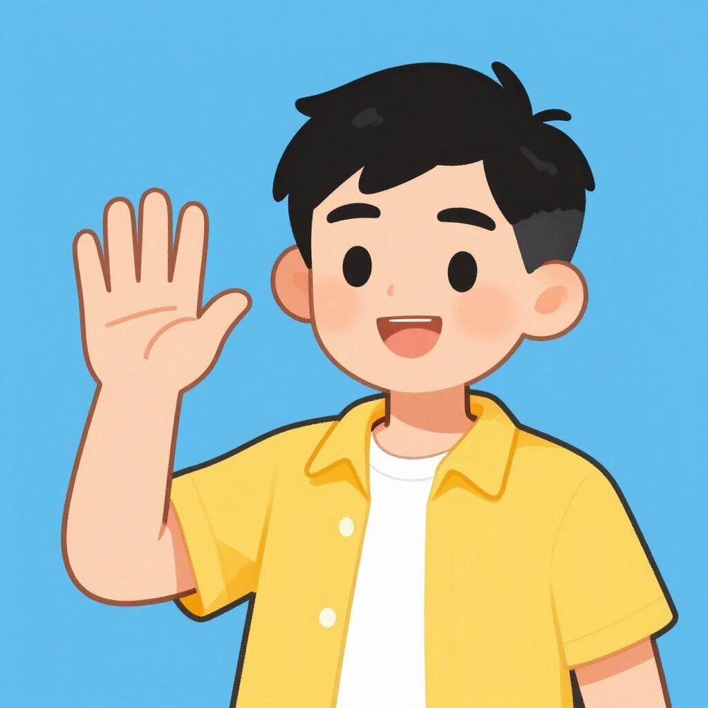 A friendly man waving with a welcoming expression.