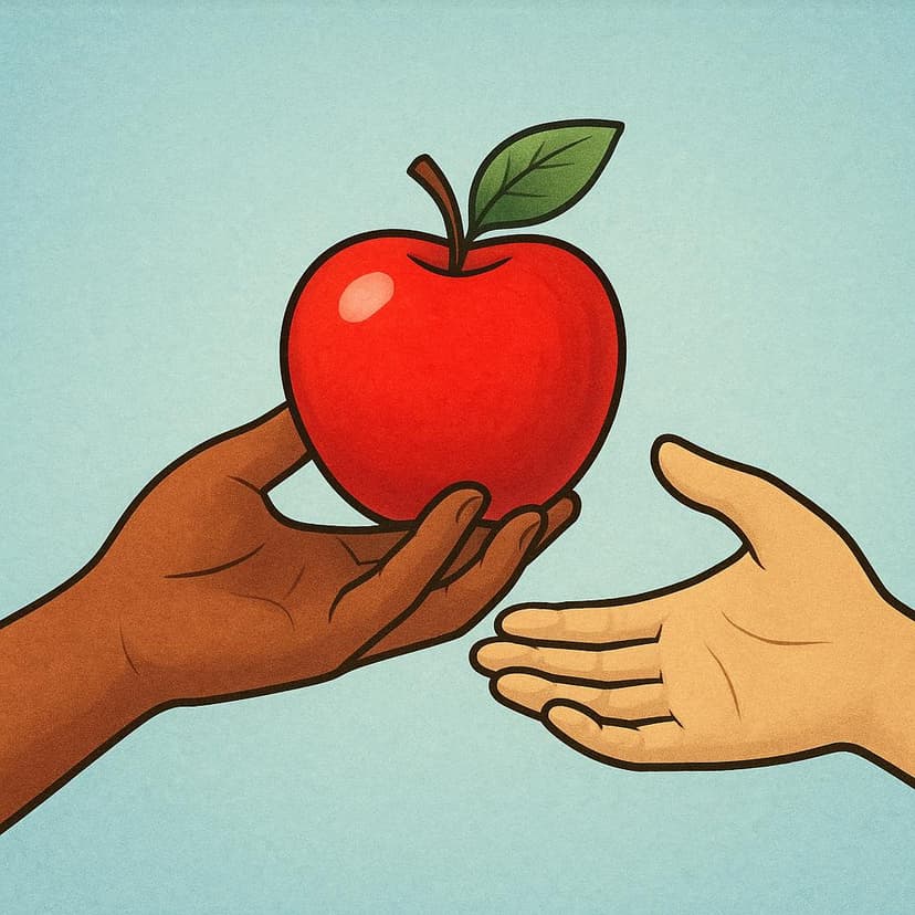Two hands interacting, one offering a bright red apple and the other gently taking it.