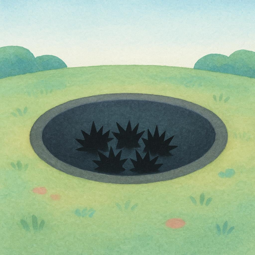 A dark, centralized, bowl-shaped depression in the ground from which several simplistic, small, black, spiky shapes are clustered tightly, suggesting a source of trouble.
