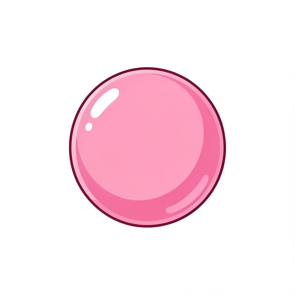 A colorful pink bubble of chewing gum.