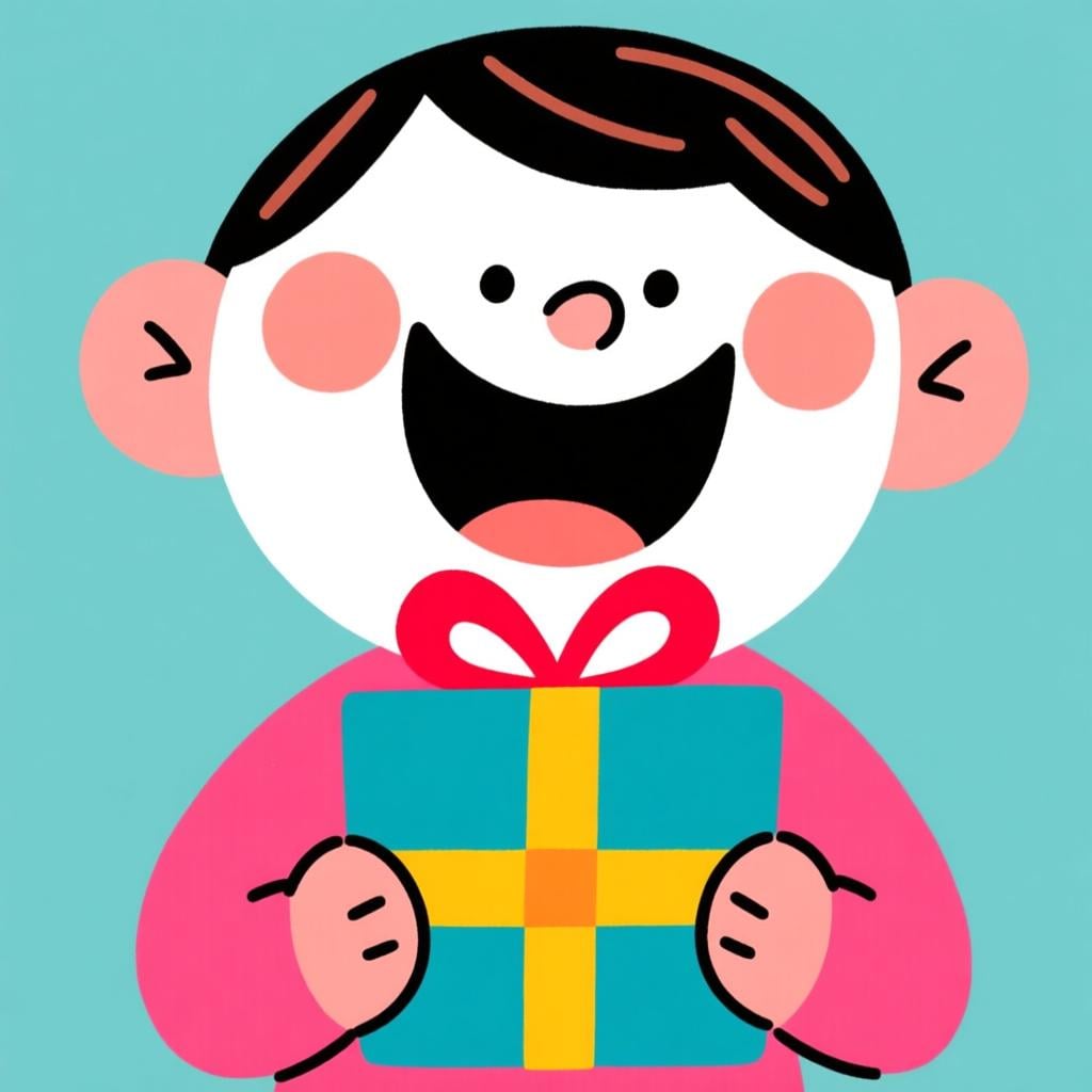 A person with a huge, joyful expression, holding a brightly colored wrapped gift.