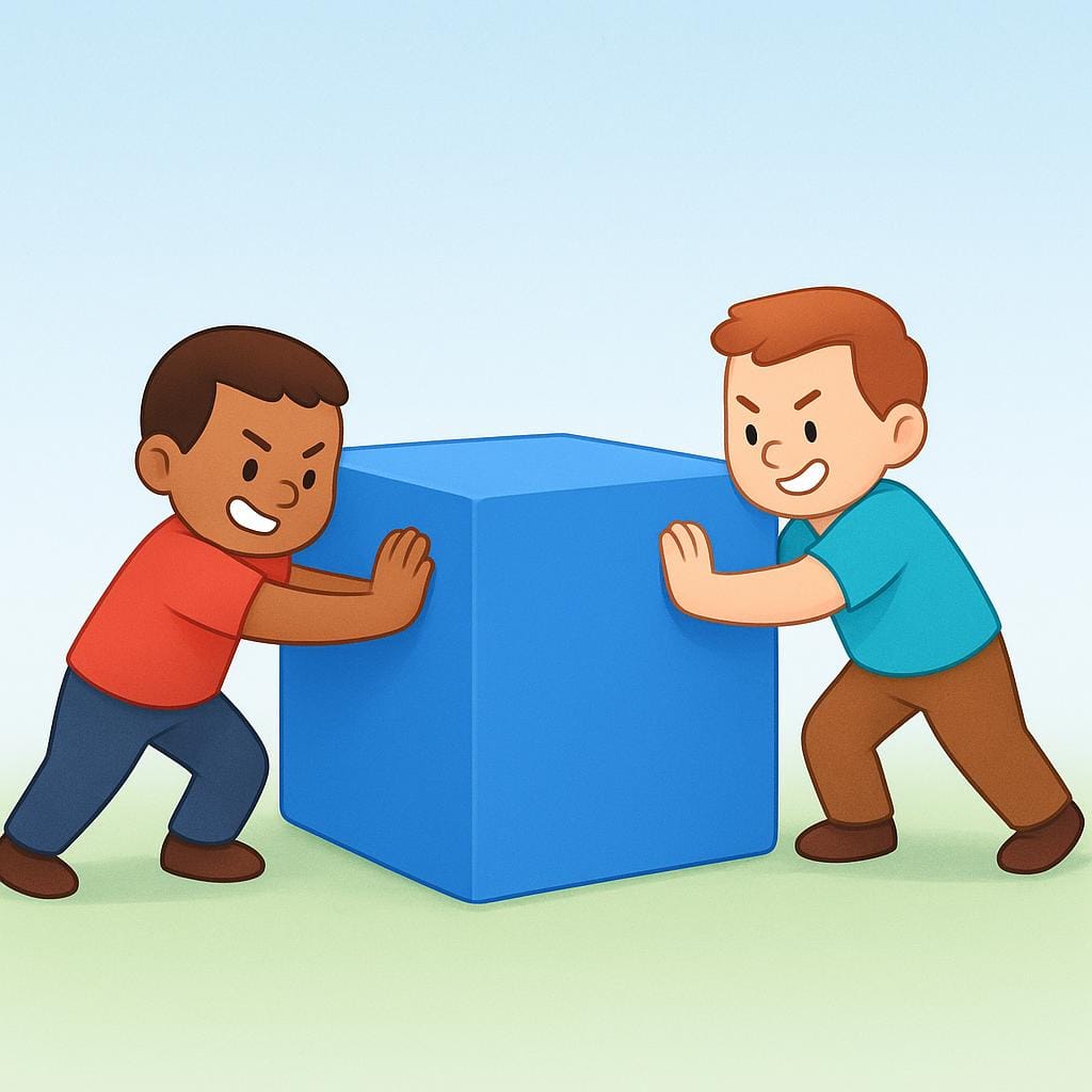 Two figures are pushing a large blue block forward, straining with effort, illustrating the concept of making an attempt.