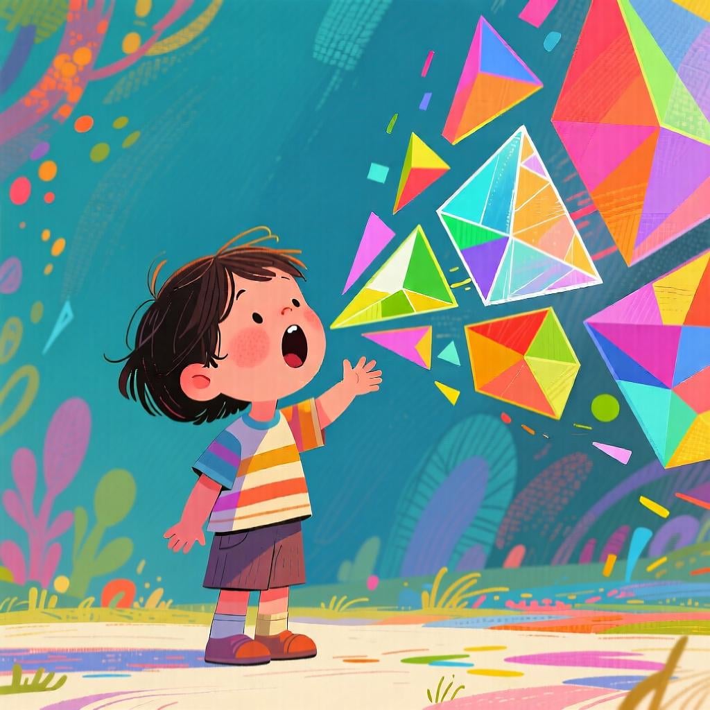 A child happily speaking, with bright, simple shapes representing words floating out of their mouth.