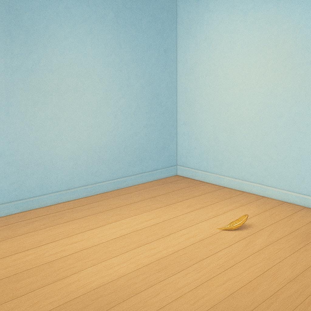 An illustration showing a single, tiny, golden feather resting alone on the floor in the far corner of a large, empty, pale blue room, symbolizing a subtle trace or hint.