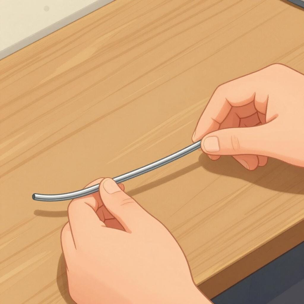 A hand carefully straightening a bent metal rod on a wooden table.