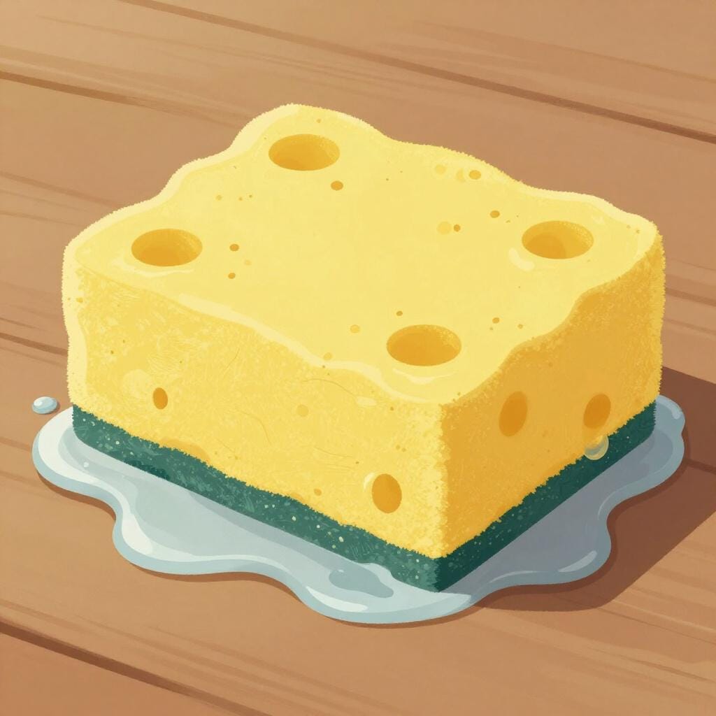 Une éponge épaisse et bleue posée sur une table en bois, complètement saturée et dégoulinant d'eau claire.