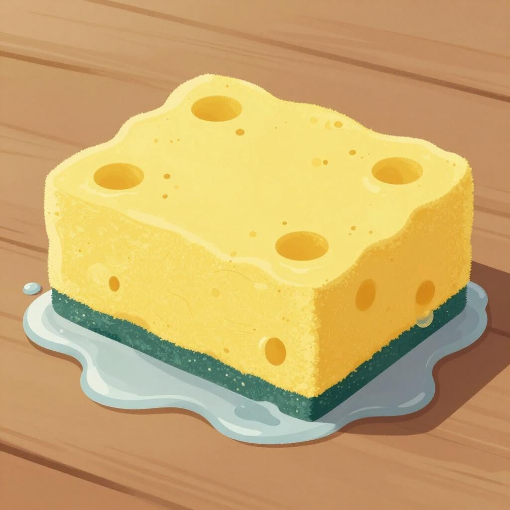 Une éponge épaisse et bleue posée sur une table en bois, complètement saturée et dégoulinant d'eau claire.