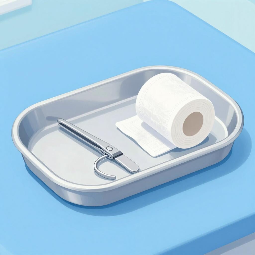 Uma bandeja médica de metal brilhante e limpa com uma pinça prateada e um rolo de gaze branca.