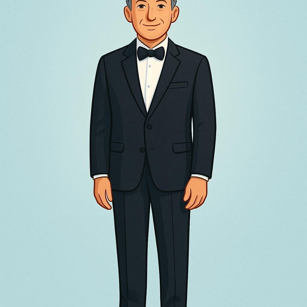 A high quality storybook illustration of a distinguished adult man wearing a formal black suit, a white shirt, and a bow tie, standing politely.