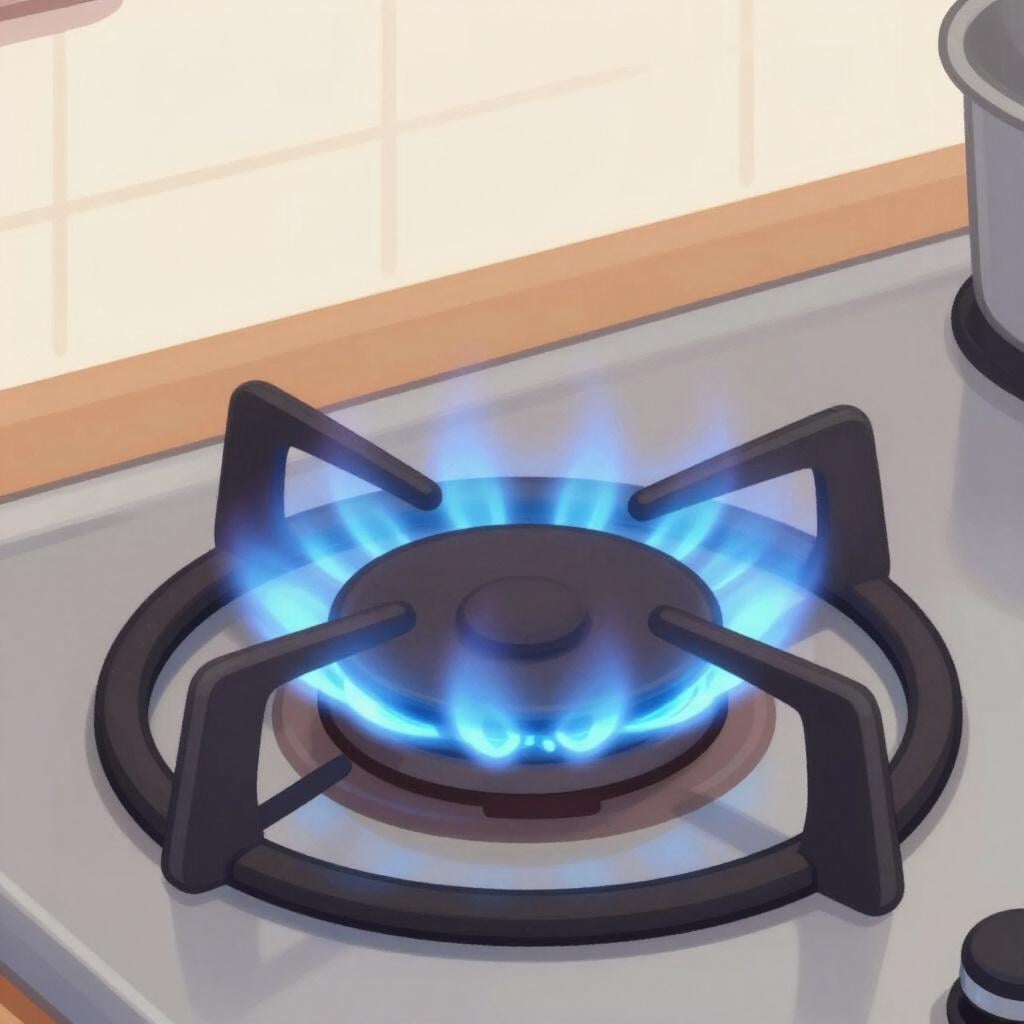 A simple illustration of a lit stove burner showing a bright, controlled blue flame, representing natural gas used for heating.