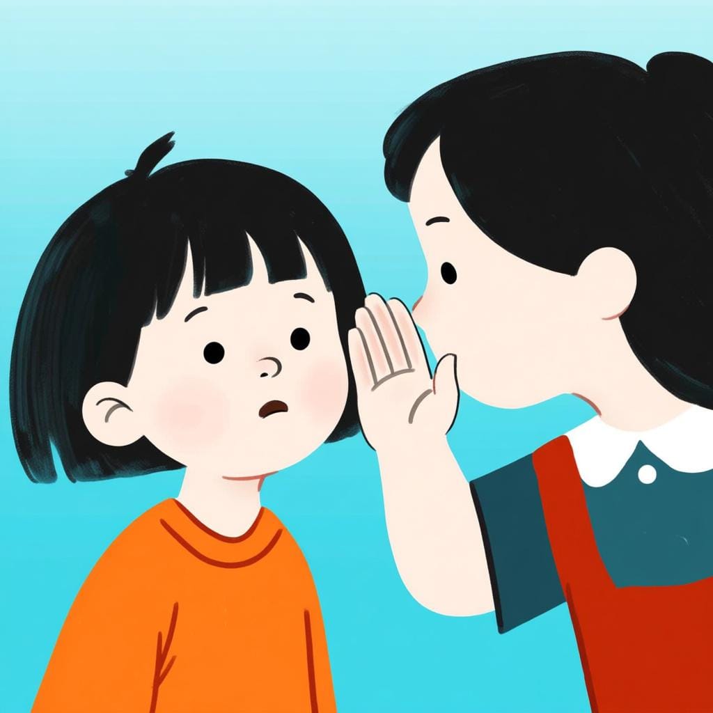 A child with a curious expression leaning their ear towards another child who is cupping their hand and whispering a secret, illustrating the command 'tell me'.
